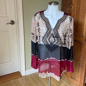 Style & Co Long Sleeve Sheer Tunic Multicolor V Neck Embroidered